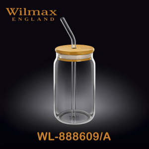 Wilmax Glass Can With Bamboo Lid & Straw 11 fl oz 330ml | WL-888609/A