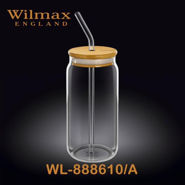 Wilmax Glass Can With Bamboo Lid & Straw 17 fl oz 500ml | WL-888610/A